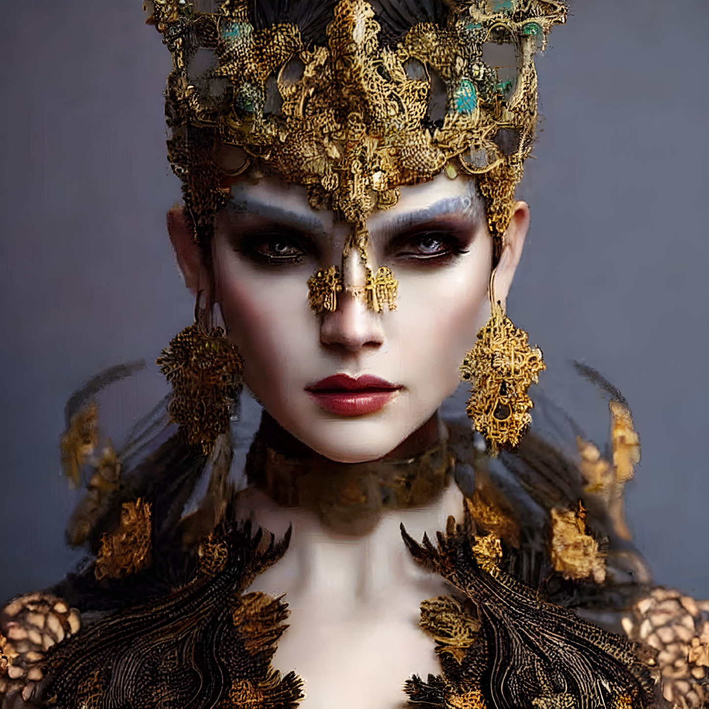 Woman in Ornate Golden Headdress, Matching Earrings, and Bold Makeup