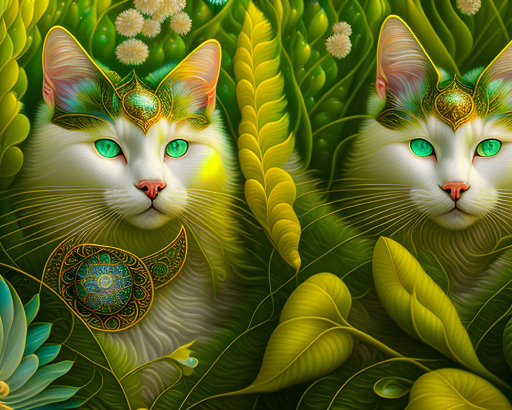 Ornate mystical cats with green eyes in lush green foliage and golden ornaments