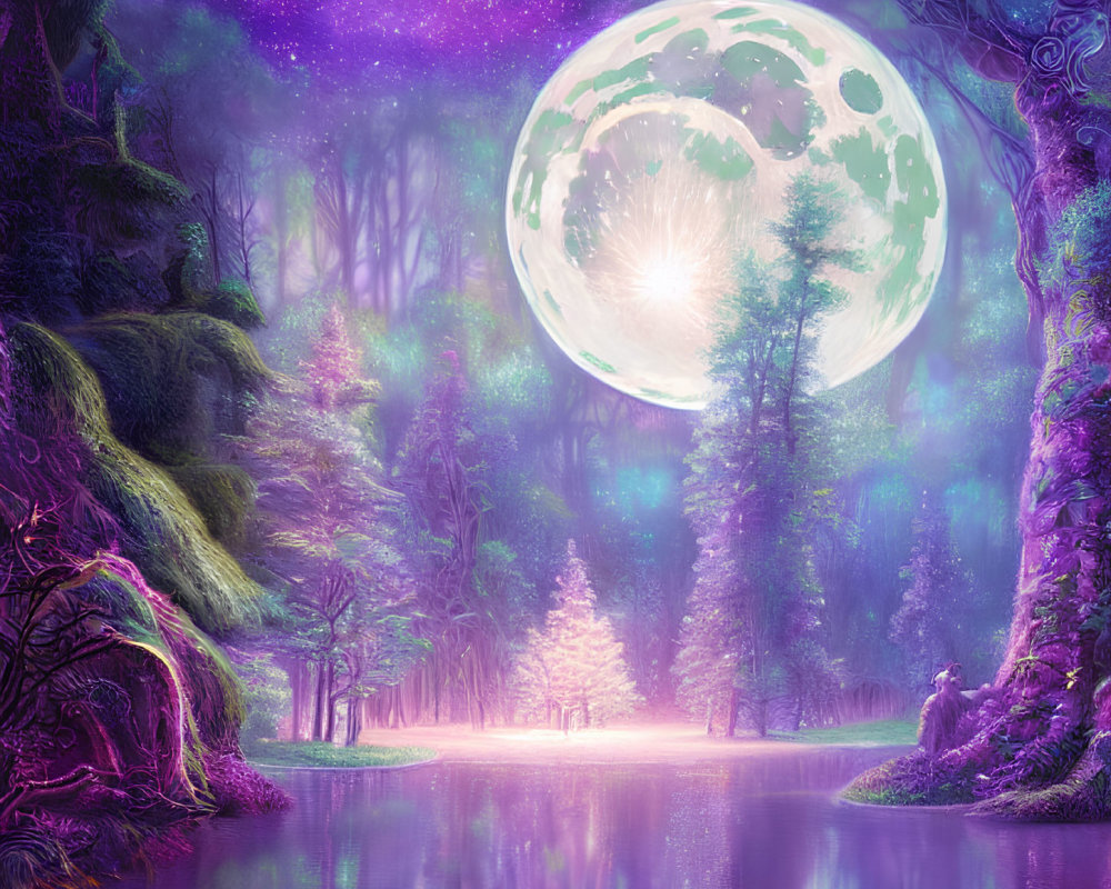 Enchanting forest landscape with glowing moon and purple sky