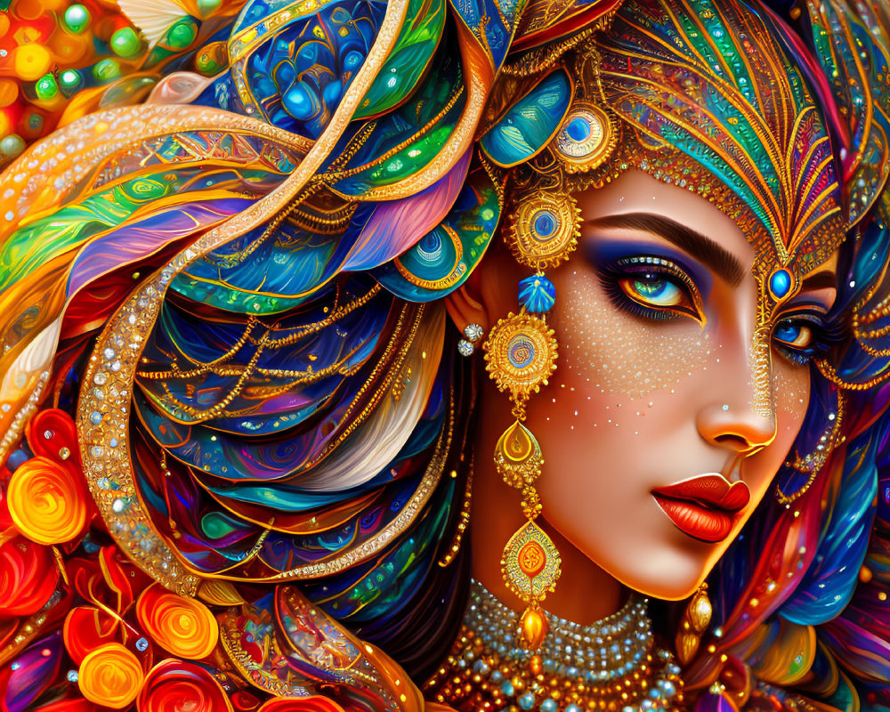 Vibrant illustration of woman with ornate jewelry and feathered headdress