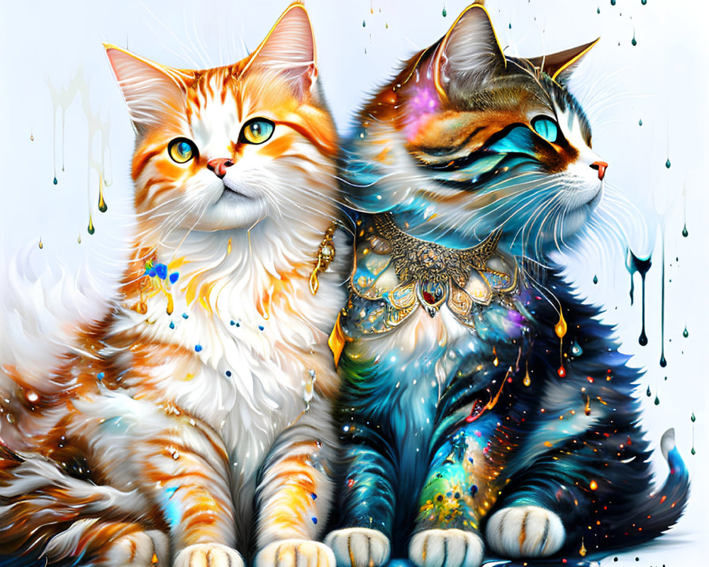 Vibrantly colored artistic renderings of cats with intricate patterns and jewelry on white backdrop