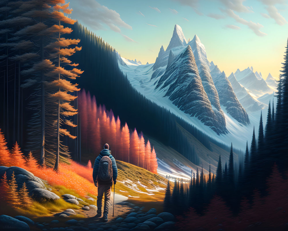 Explorer admires autumn wilderness with river, snow-capped peaks, and warm sky.