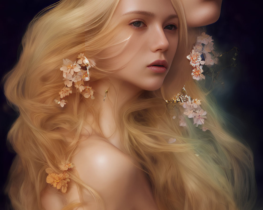 Ethereal portrait of two individuals with blonde hair and flowers on dark background
