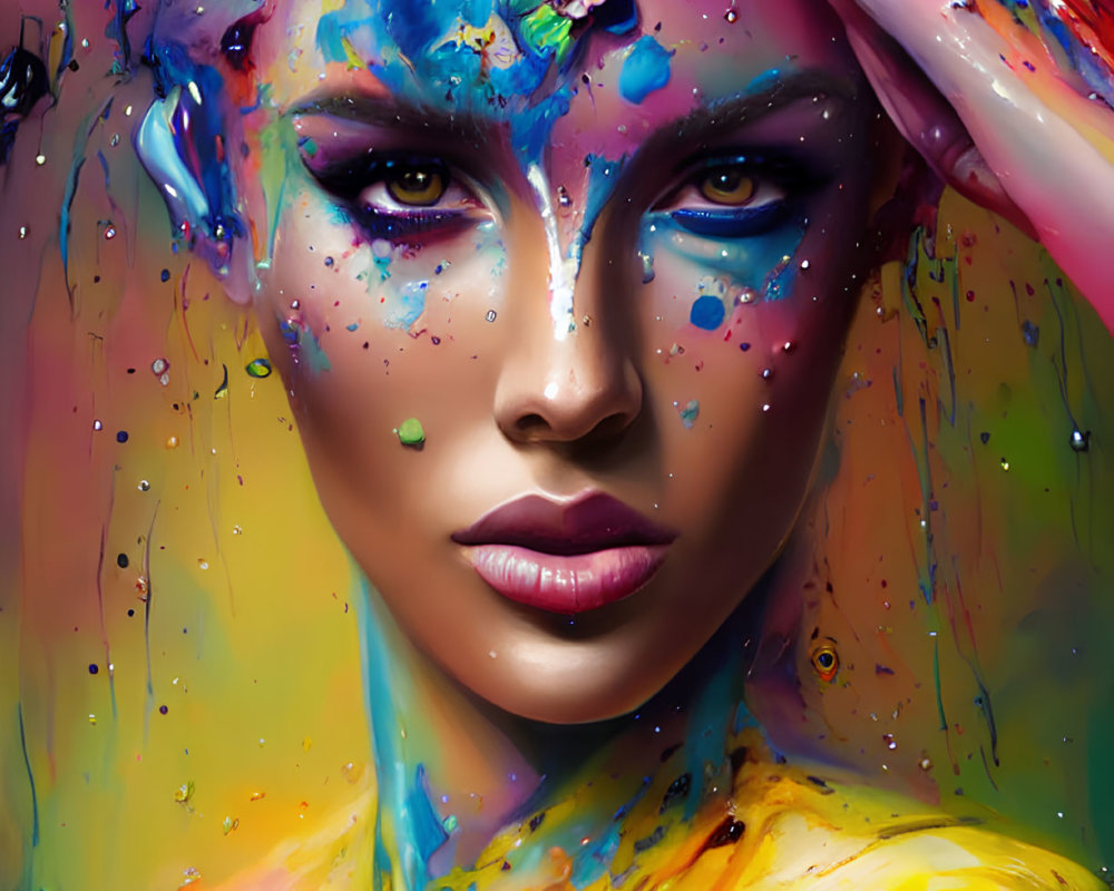 Colorful Abstract Portrait of Woman with Paint Splatters