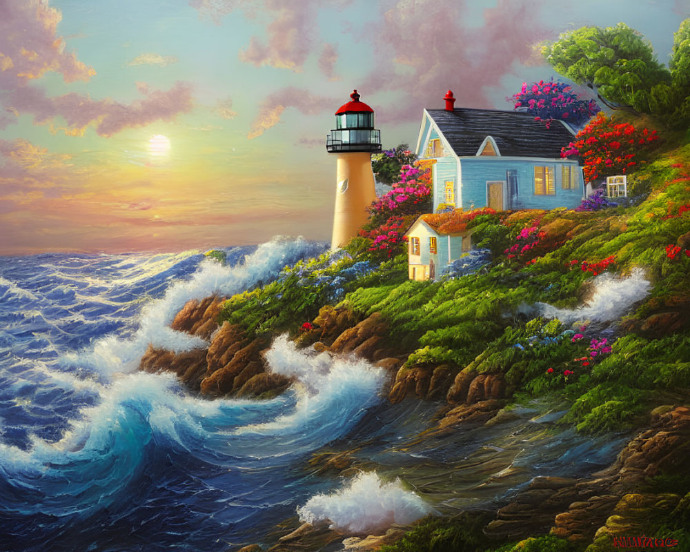 Picturesque lighthouse on rocky cliff with cottage and blooming flowers under warm sunset sky
