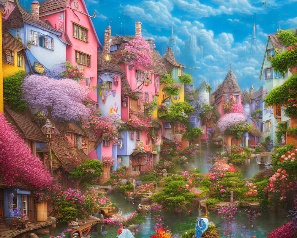 Whimsical Pastel Village with Colorful Houses and Flowers