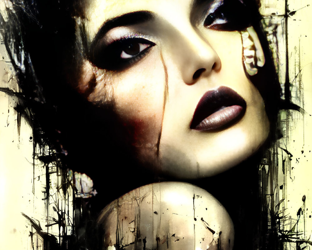 Close-up of woman's face with dark, smudged makeup on abstract grunge background