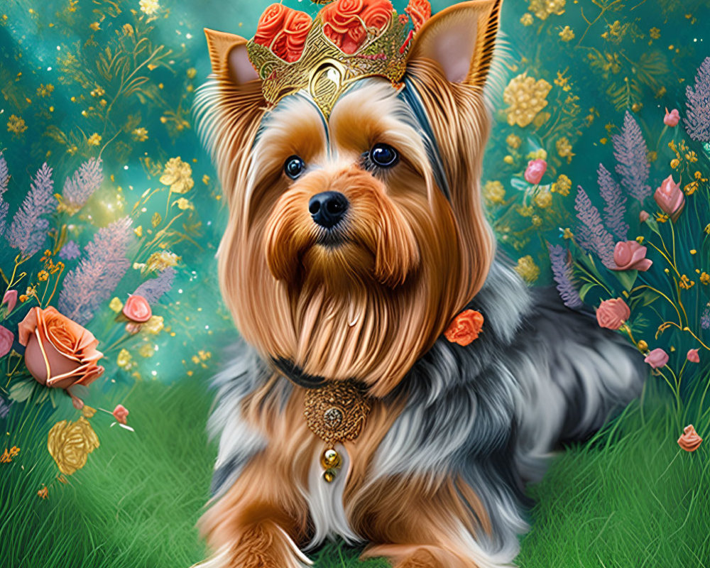 Royal Yorkshire Terrier with crown and jewelry in flower field