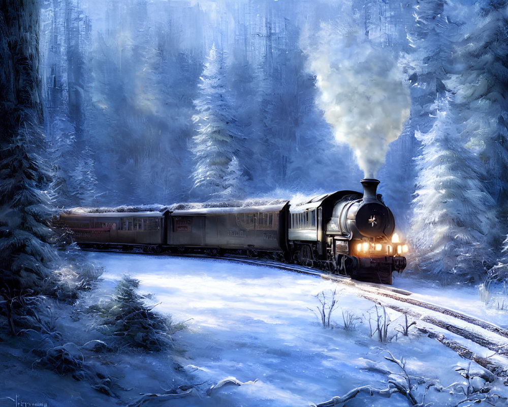 Vintage steam train in snow-covered forest with billowing smoke on twilight blue landscape