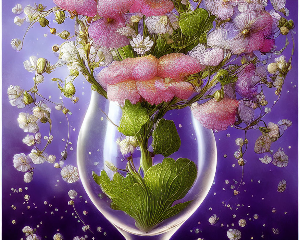 Floral composition with blossoming flowers and leaves in wine glass on purple backdrop
