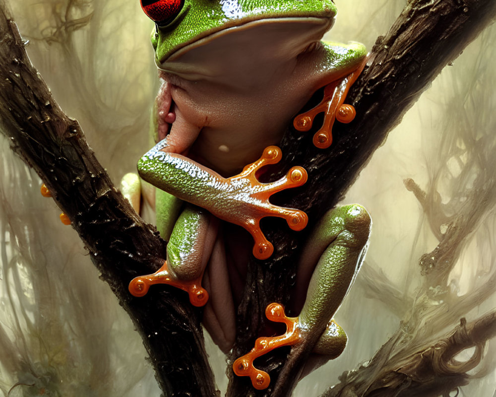 Detailed Illustration: Green and Orange Tree Frog with Red Eyes on Branch