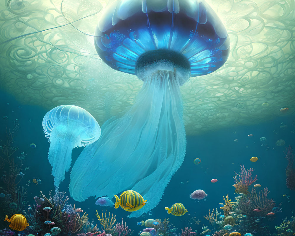 Luminescent jellyfish in vibrant underwater scene