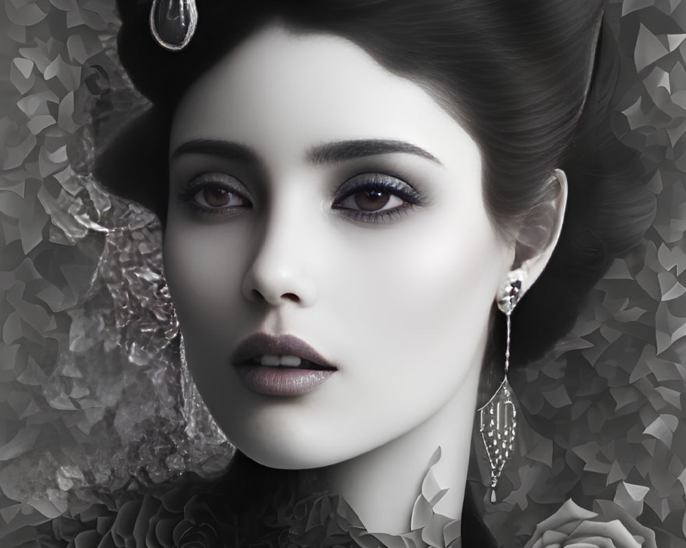 Monochrome portrait of woman with vintage makeup and pearls in rose-themed setting