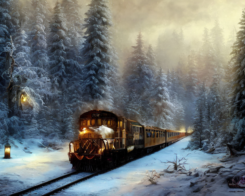 Vintage Train Journey Through Snowy Forest Landscape