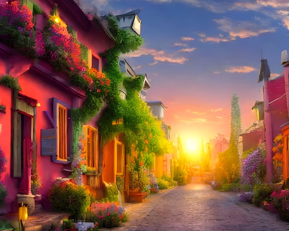 Charming cobblestone street with pink houses at sunset