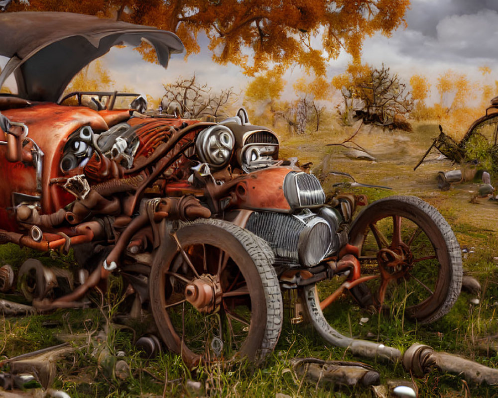 Surreal mechanical landscape with anthropomorphic vehicles and autumnal trees in a post-apocalyptic setting
