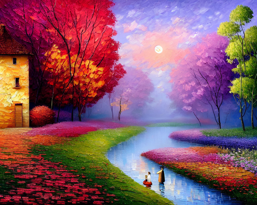Colorful Landscape Painting: Cottage, River, Trees, Autumn, Couple on Boat