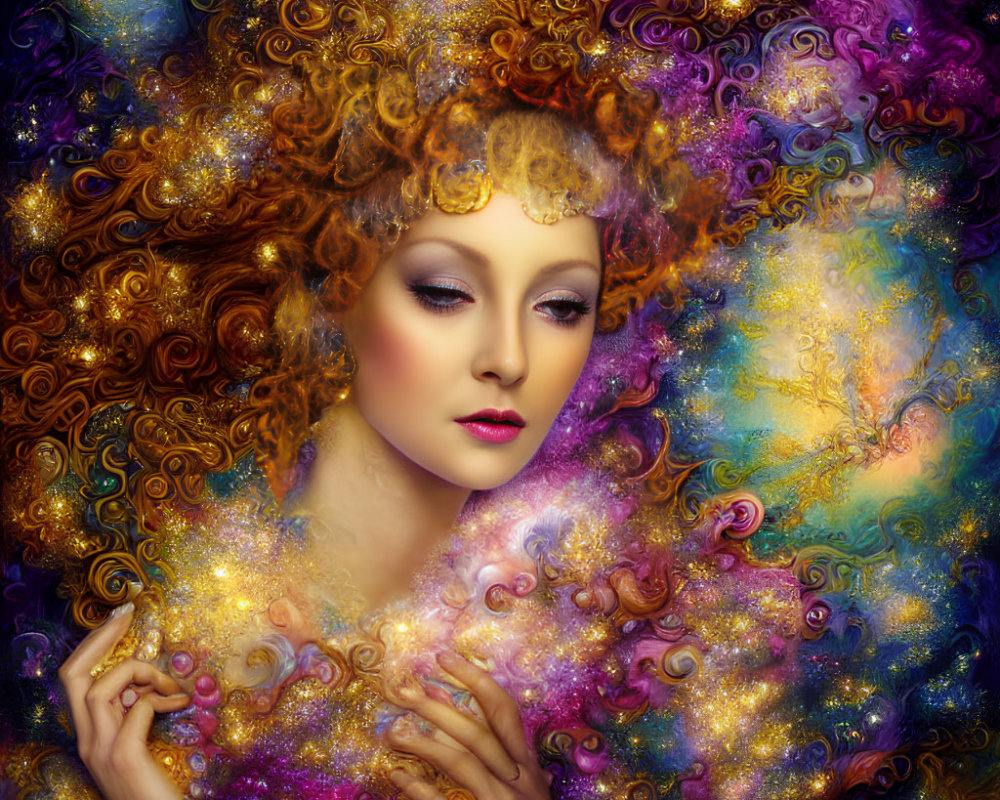 Vibrant digital painting: Woman with auburn hair in cosmic background