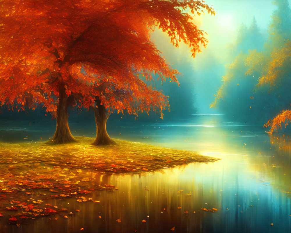 Tranquil Autumnal Scene: Vibrant Leaves, Reflective Lake, Fallen Leaves, Soft Mist