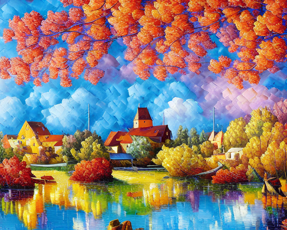 Colorful Autumn Village Painting with River and Textured Brush Strokes
