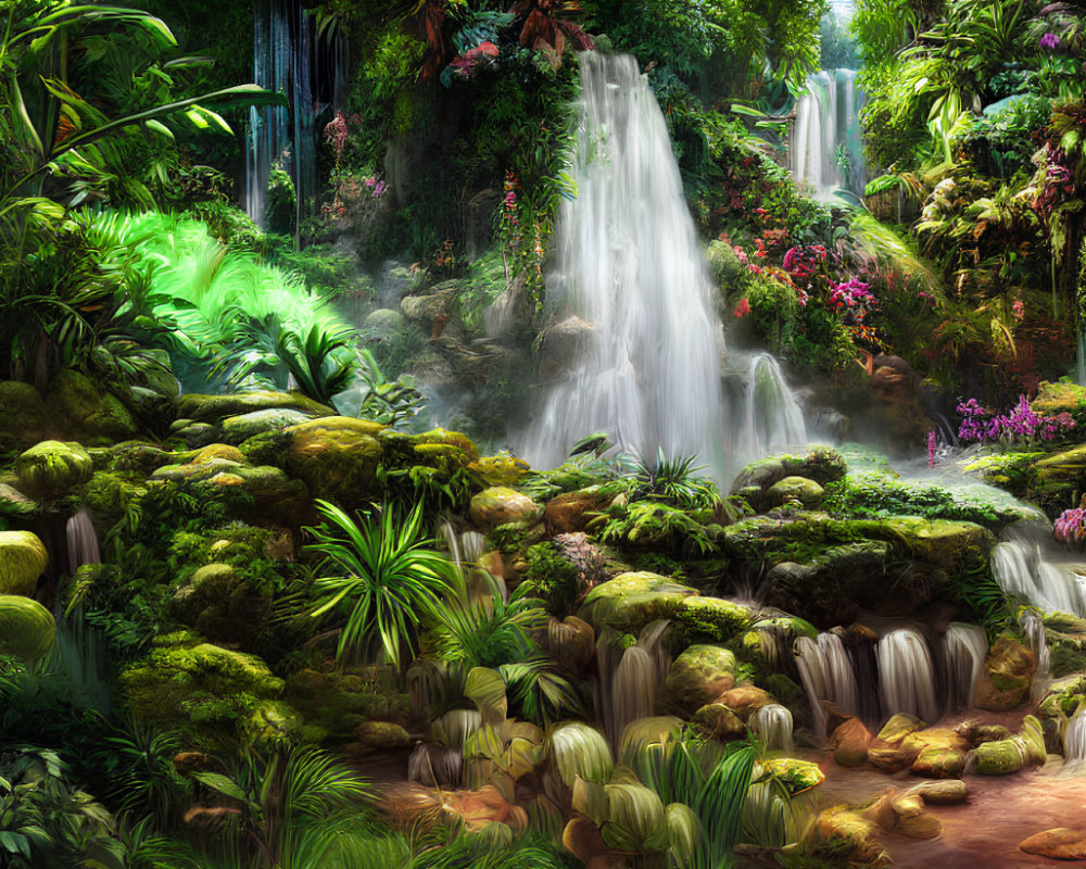 Multiple cascading waterfalls in lush greenery with vibrant flowers and moss-covered rocks.