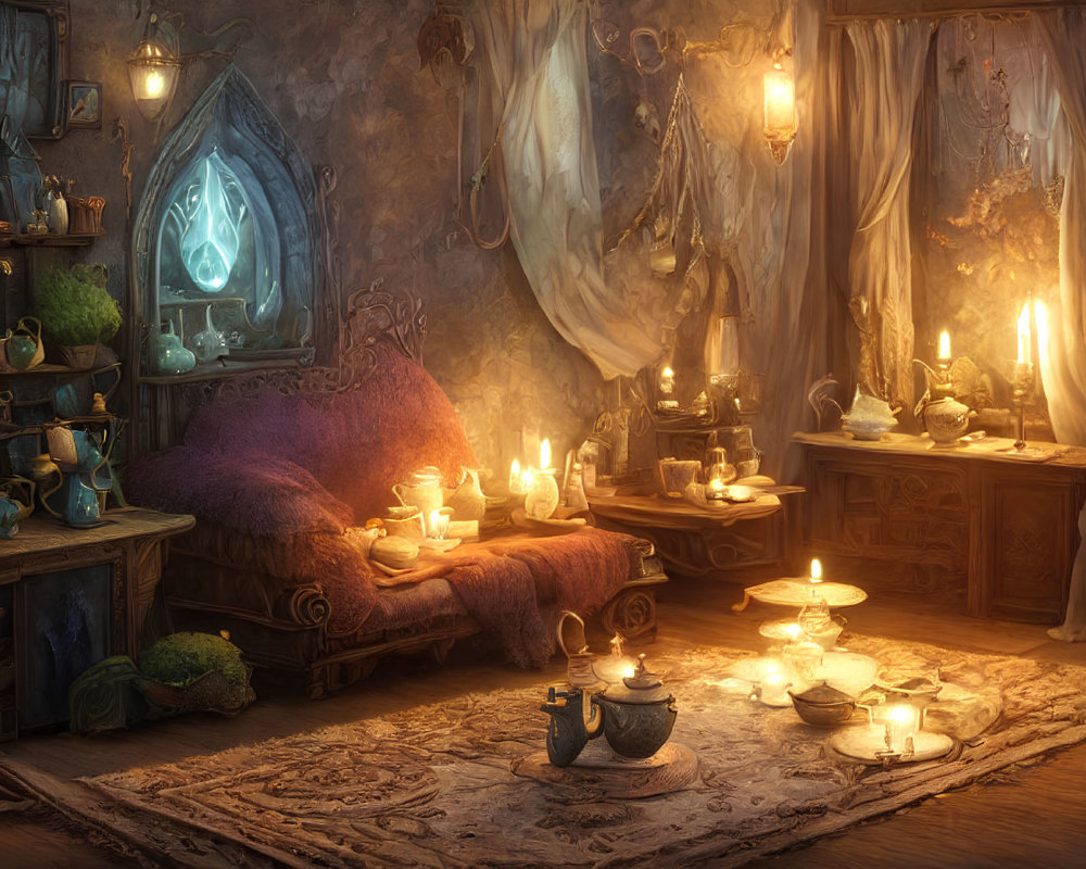 Mystical room with purple sofa, candles, mirror, curtains, teacups, and potions