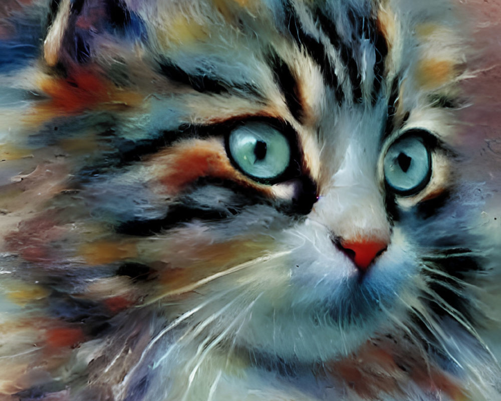 Fluffy gray tabby kitten with blue eyes and pink nose in digital painting