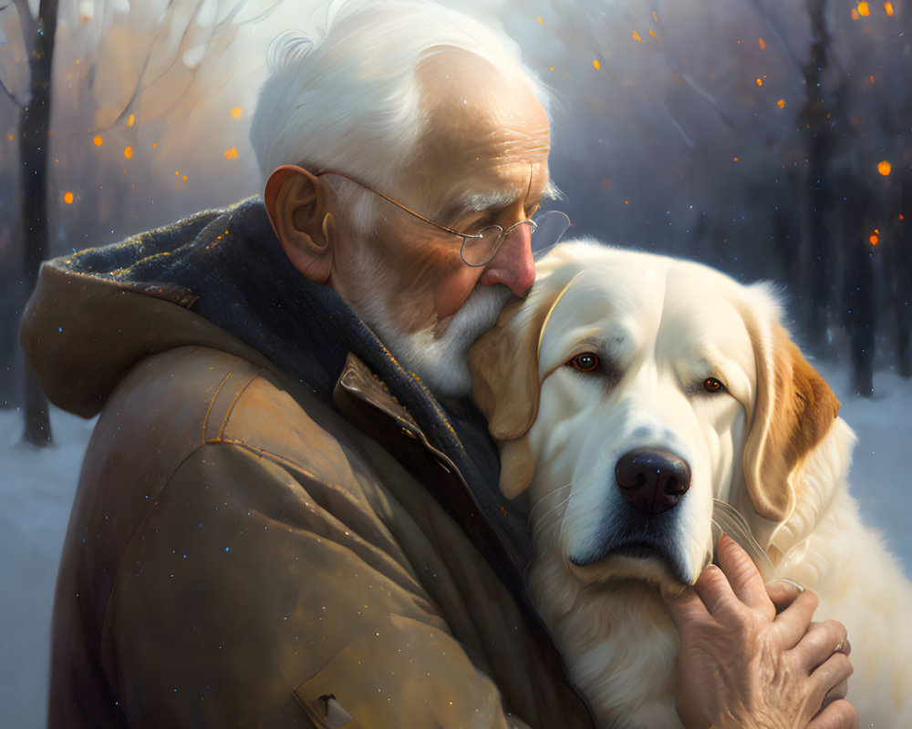 Elderly man cuddling large dog in serene wintry scene