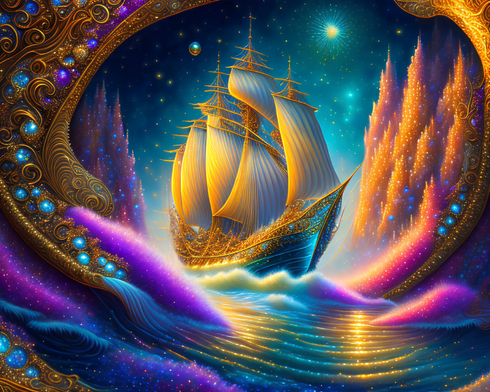 Golden ship sailing through cosmic sea with crescent moon and jeweled sky.