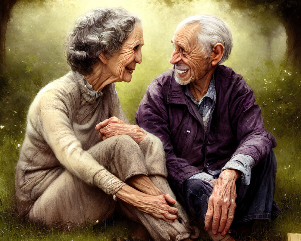 Elderly couple smiling together in sunny outdoor setting