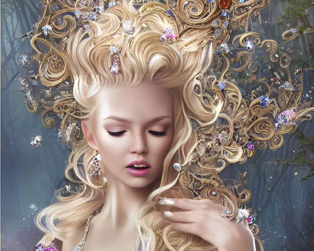 Elaborate golden hair with jewels in whimsical forest scene