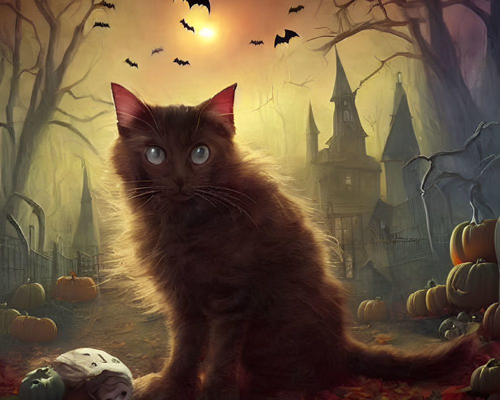 Fluffy brown cat with blue eyes in Halloween scene with pumpkins, skull, bats