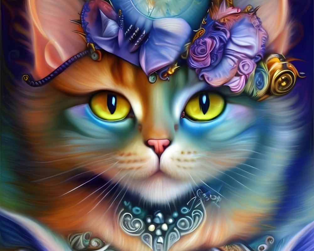 Colorful Steampunk Cat Illustration with Green Eyes