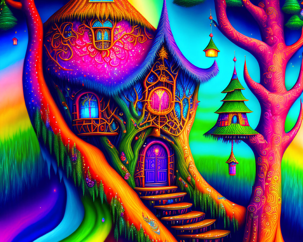 Colorful Psychedelic Treehouse Illustration Among Vibrant Trees