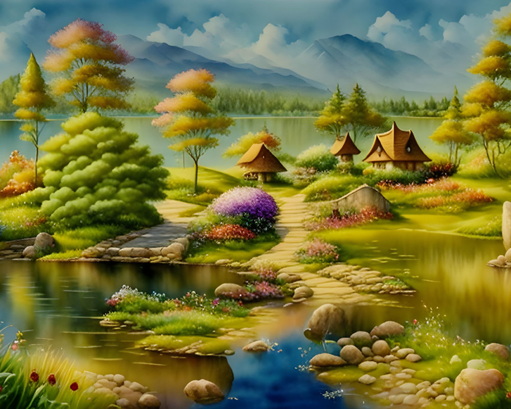 Tranquil lakeside landscape with thatched huts, stone path, colorful flowers, and mountains