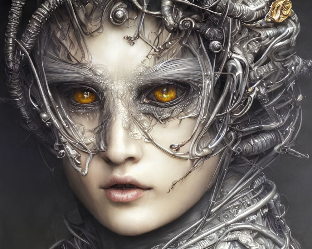 Close-up of person with metallic cybernetic enhancements on face, golden eyes, silver wires.