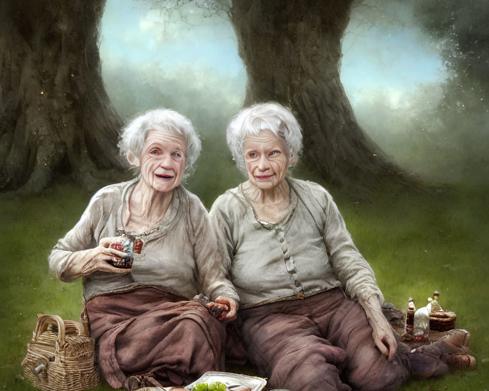Elderly Women Enjoying Picnic in Serene Nature Setting