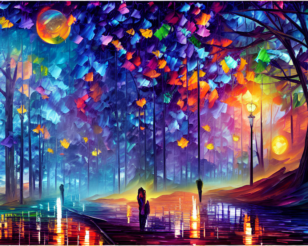 Colorful Forest Scene with Luminous Orbs and Silhouettes of People