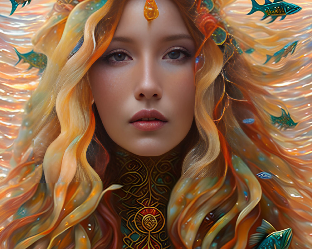 Digital portrait of woman with jeweled headgear and flowing hair, set amidst intricate patterns and fish.