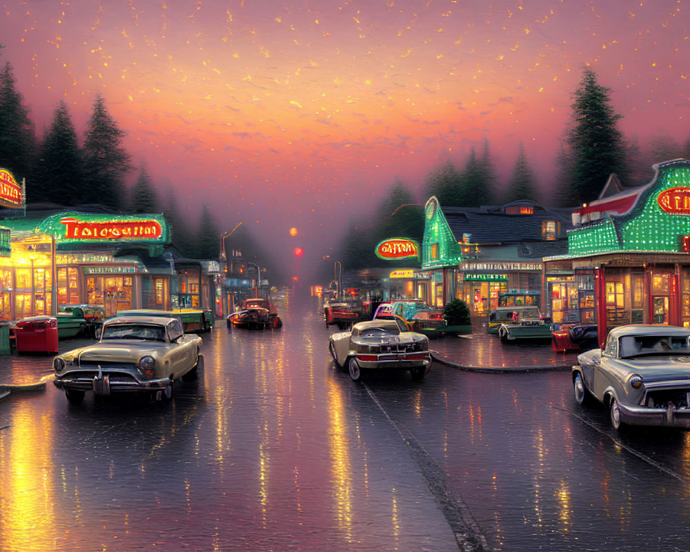 Classic Cars Parked on Wet Street at Dusk with Neon-lit Diners and Shops