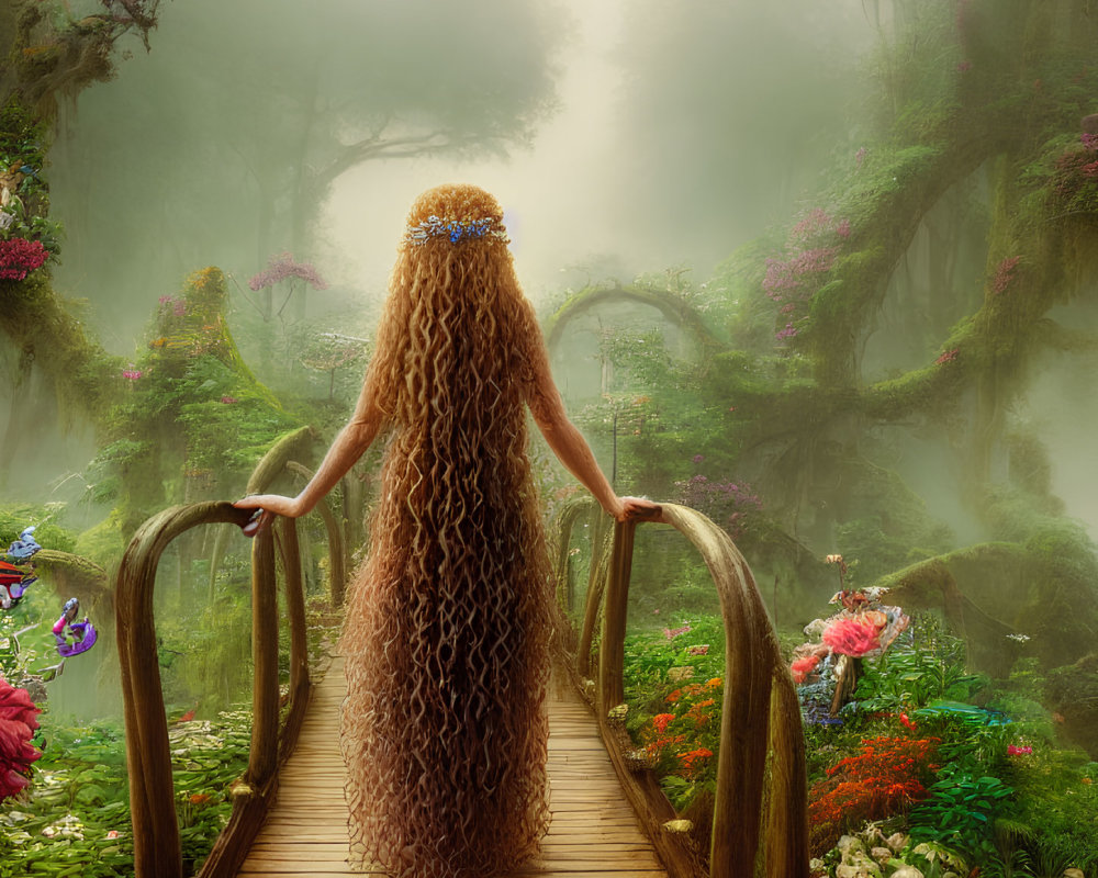 Woman with long, curly hair on wooden bridge in mystical forest with vibrant flowers and fog