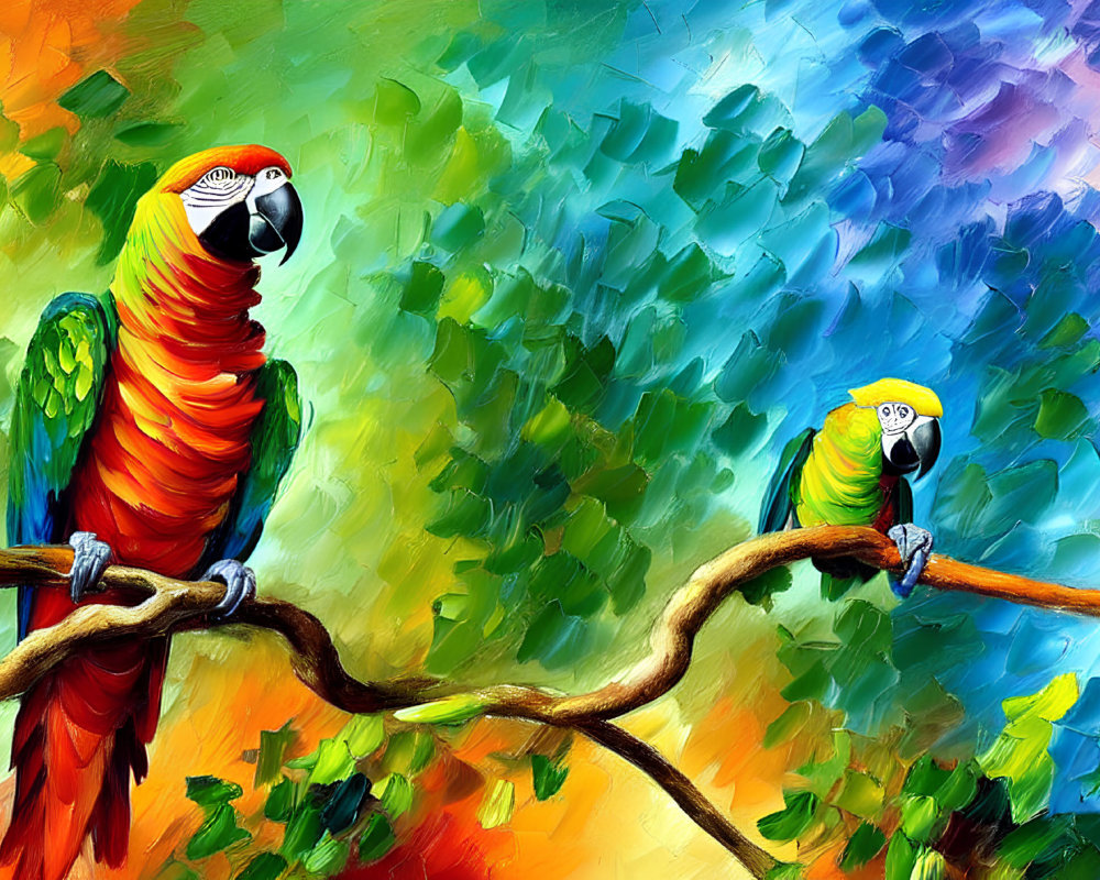 Colorful Oil Painting of Two Parrots on Branch with Textured Background