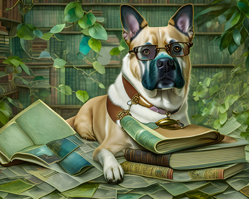 Scholarly dog amidst books and ivy in library setting
