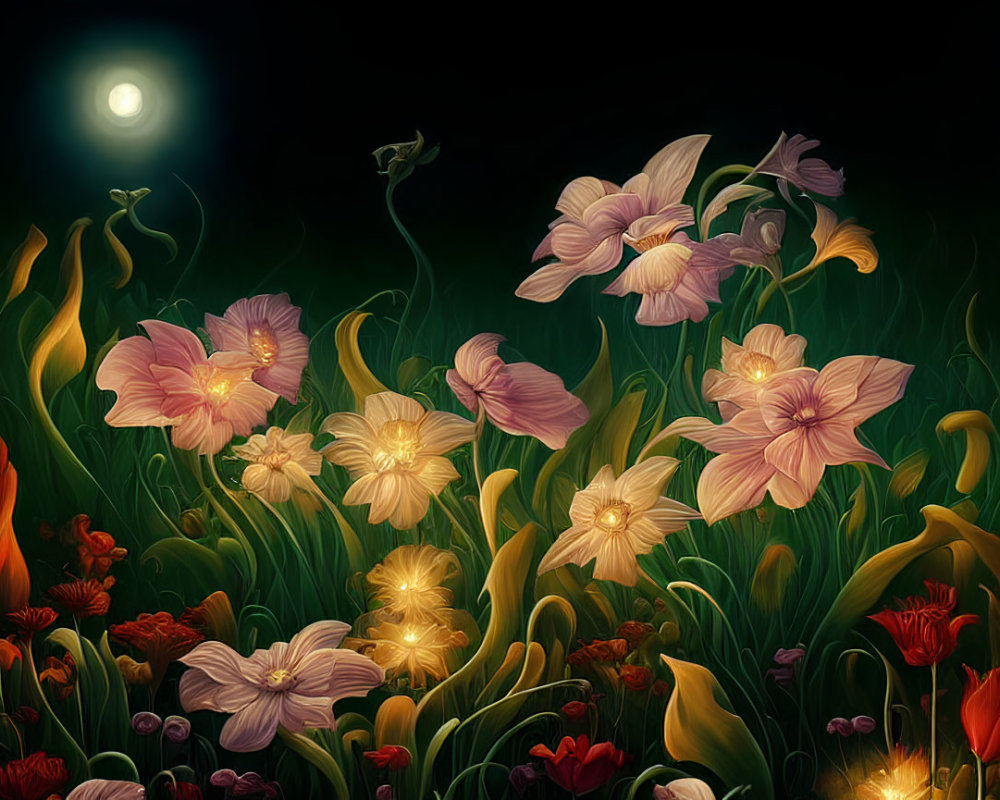 Mystical Night Garden with Glowing Flowers and Full Moon