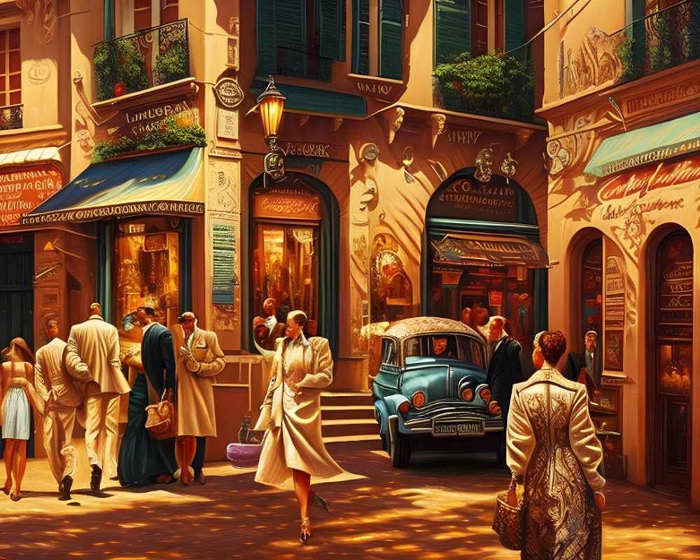 Vintage Clothing, Classic Car, and Ornate Shop Fronts in Vibrant Street Scene