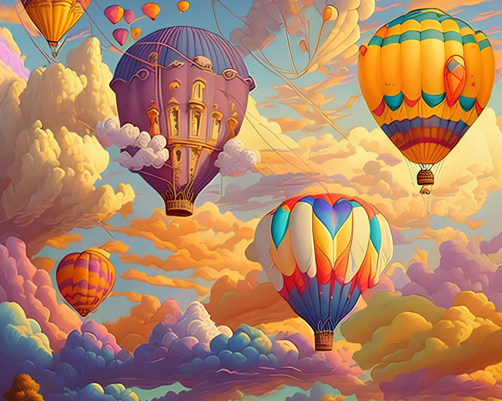 Vibrant hot air balloons in dreamlike sunset sky