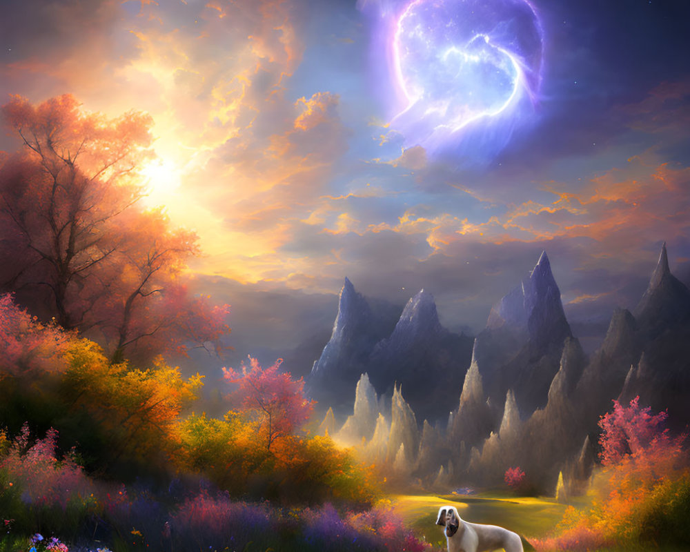 Tranquil sunset landscape with vibrant flowers, distant mountains, dog, and glowing nebula
