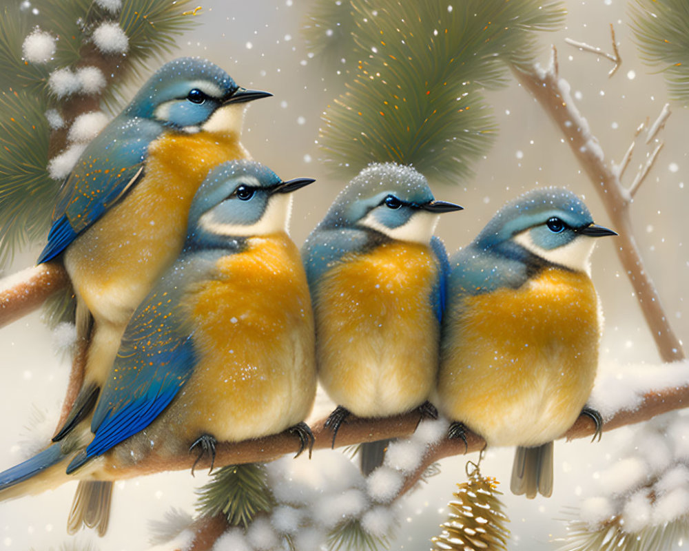 Stylized blue and orange birds on branch with pine needles in snow