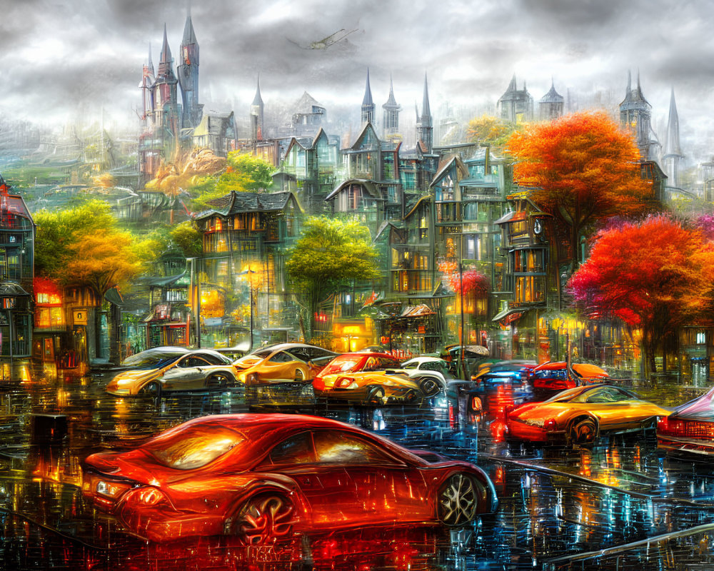 Colorful cityscape with glossy cars, castle, and dramatic sky