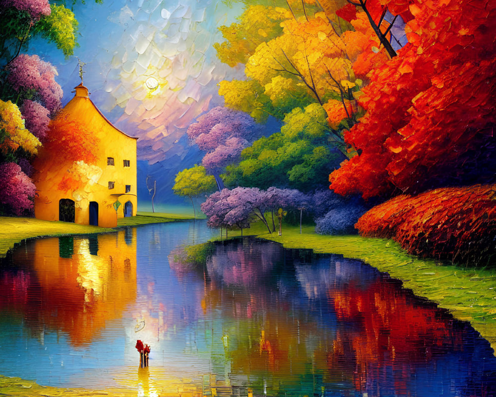 Colorful painting of idyllic house by lake with vibrant trees and textured sky